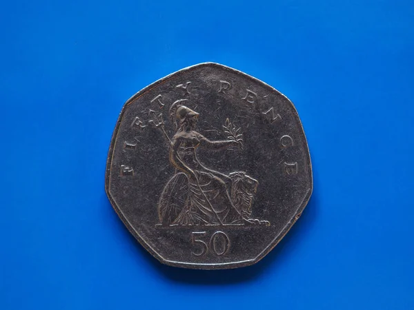 Ötven Pence Érme Pénz Gbp Egyesült Királyság Pénzneme Kék Háttérrel — Stock Fotó