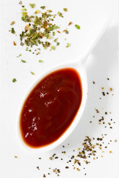 Tomato Paste Small Spoon Dried Oregano Ground Black Pepper Side — Stock Photo, Image
