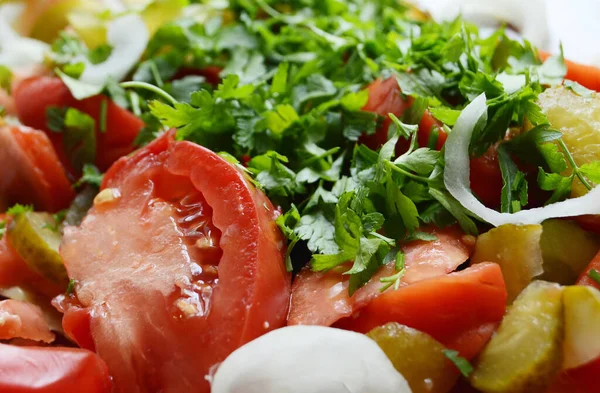 Salada Caseira Com Legumes Frescos Enlatados Prato — Fotografia de Stock