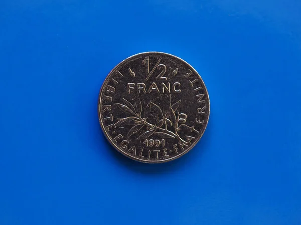 Halb Franc Münzgeld Frf Währung Frankreichs Auf Blauem Hintergrund — Stockfoto