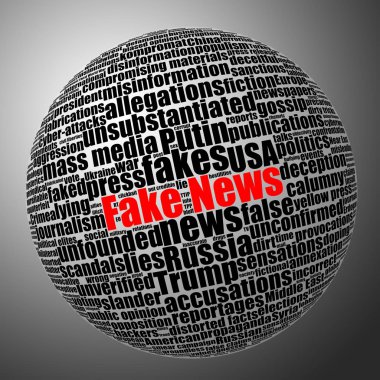 Fake news sphere tag cloud. Black and white stock illustration with selective red color effect. clipart