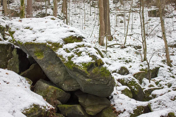 stock image Rocks covered with snow in winter next to a more cheerful river in a forest nature reserve in Styria