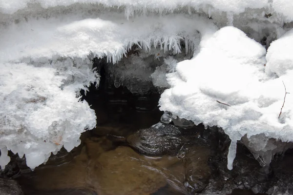 Krajobraz Rzeki Zamarzł Śniegiem Zimą Leśnym Rezerwacie Przyrody Styrii — Zdjęcie stockowe