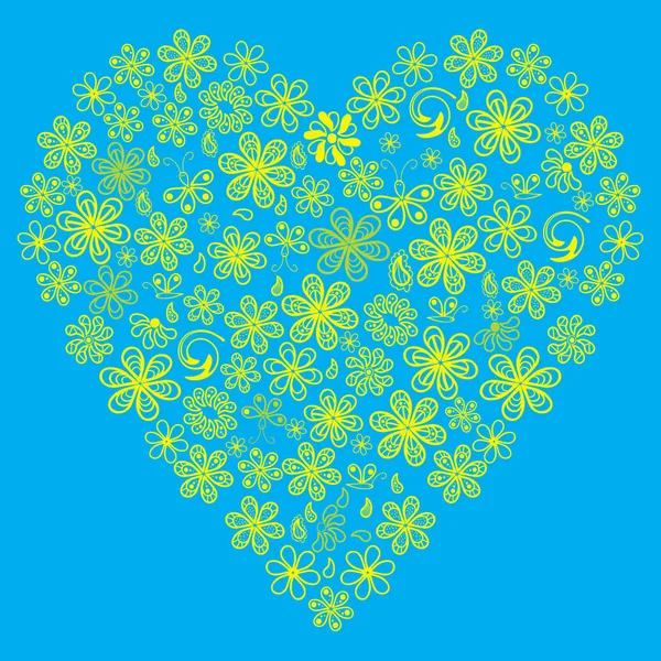 许多蓝色背景的心形花朵的爱情概念 — 图库照片