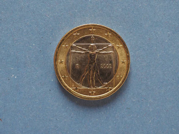 1欧元硬币 欧洲联盟货币 意大利蓝色背景 — 图库照片
