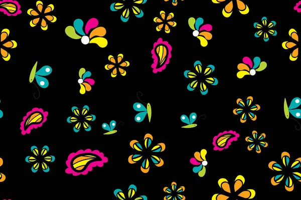 Seamless Pattern Beautiful Flowers Black Background — Stock Photo, Image