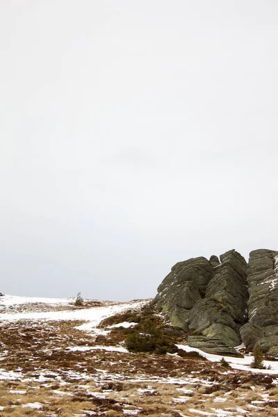 Rocas Con Nieve Invierno Sobre Una Llanura Vino Alpino Estiria —  Fotos de Stock