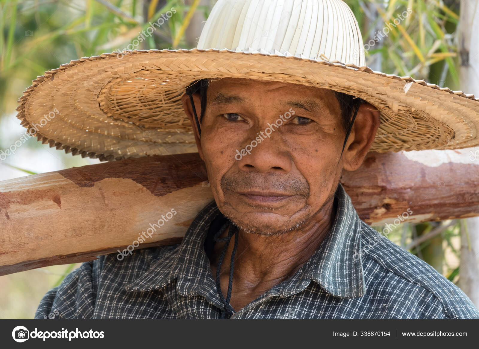 Portrait Old Asian Man Straw Hat Stock Photo by ©PantherMediaSeller