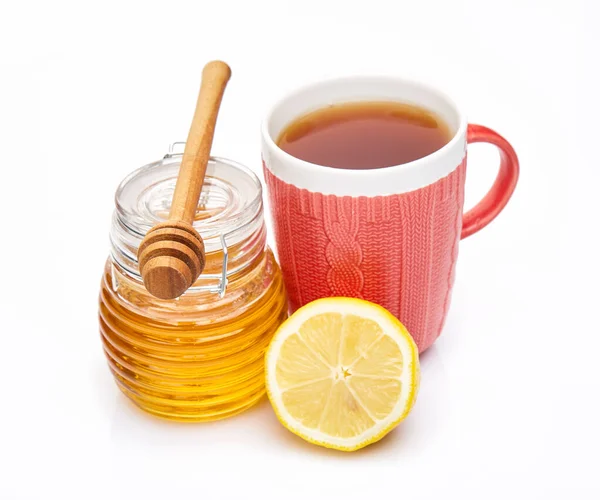 Honig Glaskanne Und Tasse Tee Mit Zitrone Auf Weißem Hintergrund — Stockfoto