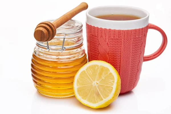 Honey Glass Pot Mug Tea Lemon White Background — Stock Photo, Image