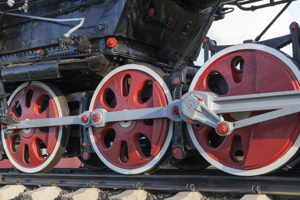 Fotografiert Aus Nächster Nähe Eine Alte Dampflokomotive Mit Schwarz Rot — Stockfoto