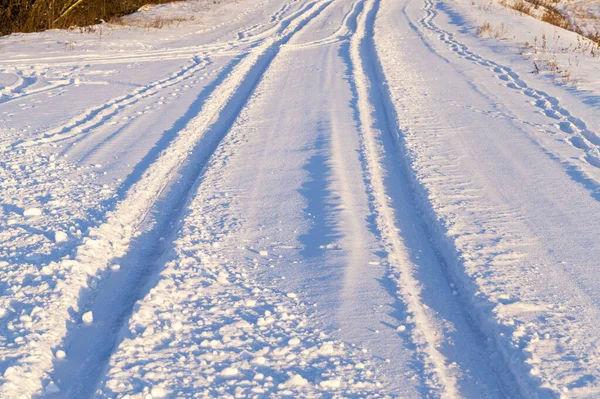Silnice Zimě Pokrytá Sněhem Detailní Záběr — Stock fotografie