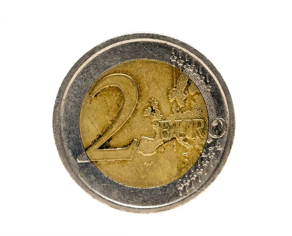 Staré Špinavé Mince Evropě Dvě Eura Detail Fotografie Bílém Pozadí — Stock fotografie