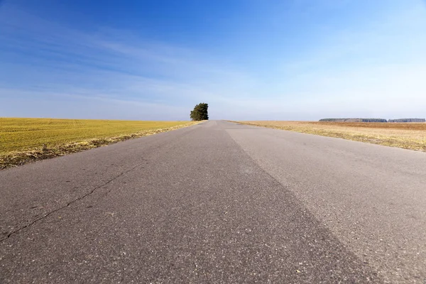 Strada Rurale Coperta Strati Asfalto Diversi Estate Cielo Blu Sullo — Foto Stock