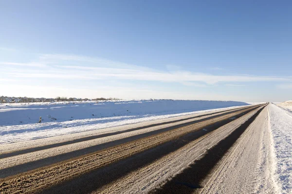 Small Rural Road Covered Snow Photo Taken Winter Season Roadway — Stock Photo, Image