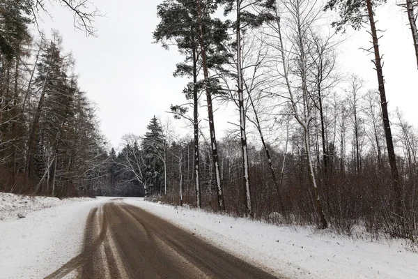 Temporada Invierno Pequeño Camino Rural Cubierto Nieve Largo Del Cual — Foto de Stock