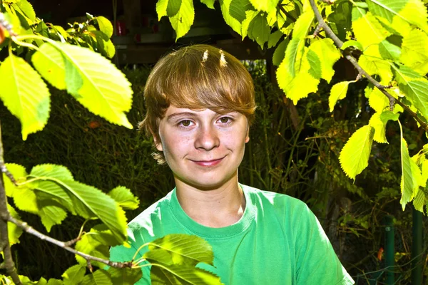 Χαριτωμένο Έξυπνο Αγόρι Στον Κήπο Κάτω Από Δέντρο — Φωτογραφία Αρχείου