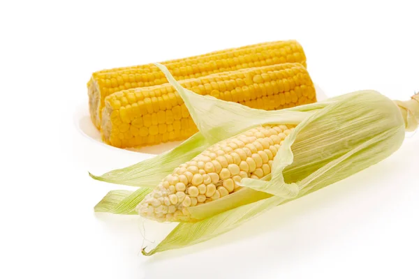 Friss Kukorica Tányérfül Főtt Kukoricacsutkával Fehér Alapon — Stock Fotó