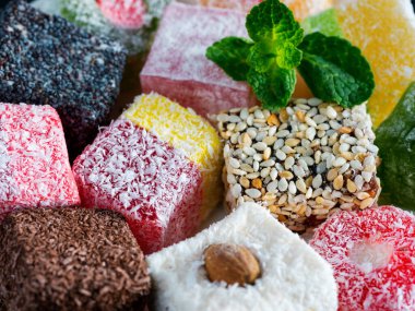 Turkish delight close up. Turkish deligh set. Assorted traditional turkish delight as background clipart