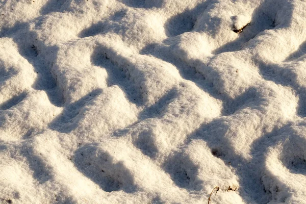 白雪覆盖的道路 上面有开车的痕迹 拍照特写 深度擦伤 — 图库照片