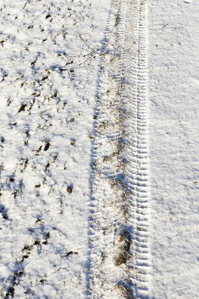 Снег Котором Следы Проезжающей Машины Зимний Сезон Фото Крупным Планом — стоковое фото