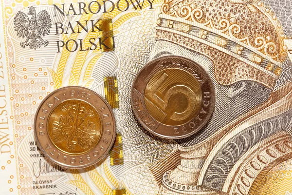 Közeli Lengyel Érméket Fotózott Zloty Halmozott Együtt Sekély Mélysége Mező — Stock Fotó