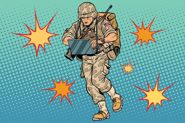 带着电脑的网络士兵复古流行艺术漫画书矢量插图 突击队军官美国军队 闪光爆炸 — 图库照片