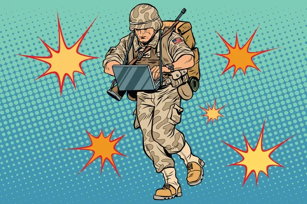 Cyber Soldat Avec Ordinateur Vintage Pop Art Rétro Bande Dessinée — Photo