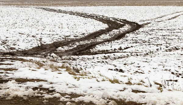 Sporen Afdrukken Sneeuw Van Een Passerende Auto Kleine Landelijke Weg — Stockfoto