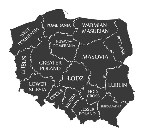 Poland Map Позначив Чорну Ілюстрацію Англійською Мовою — стокове фото