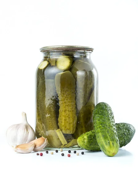 Pickled Cucumbers Isolated Pickles Glass Jar Garlic Peppercorn Isolated White — Stock Photo, Image