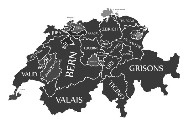瑞士地图 标有英文黑色插图 — 图库照片