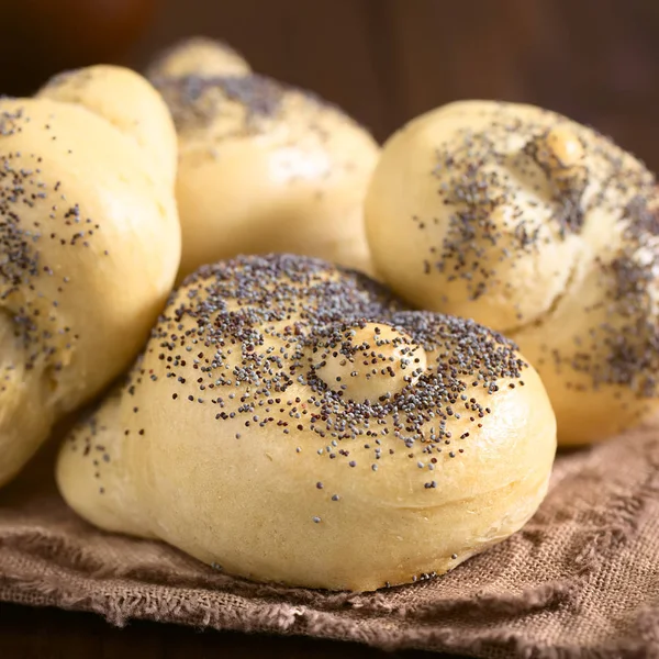 Pão Caseiro Semente Papoila Rola Tecido Madeira Escura Fotografado Com — Fotografia de Stock