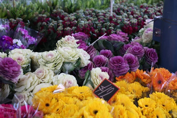 Manojos Flores Multicolores Verduras Col Para Venta Mercado Agricultores —  Fotos de Stock