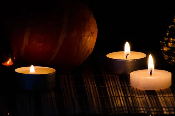 Pumpkins Candles Bamboo Mat — Stock Photo, Image