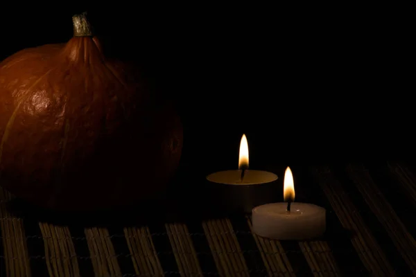 Pumpkins Candles Bamboo Mat — Stock Photo, Image