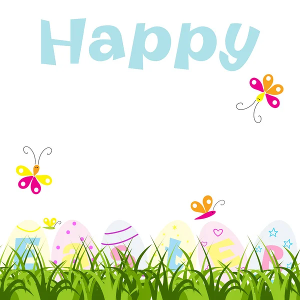复活节快乐贺卡 上面有蛋 草和蝴蝶 — 图库照片