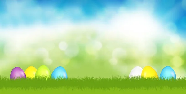 Huevos Pascua Festivo Hierba Verde Cielo Azul Render — Foto de Stock