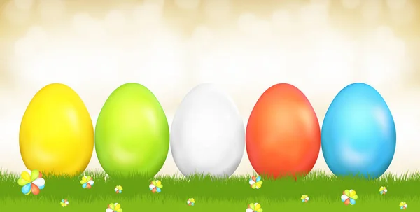 Ovos Páscoa Festiva Grama Verde Céu Dourado Render — Fotografia de Stock