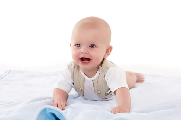 Happy Little Baby Boy Lying His Stomach Plaid White Background — Stock Photo, Image