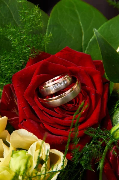 Wedding Bouquet Roses Rings Stock Image