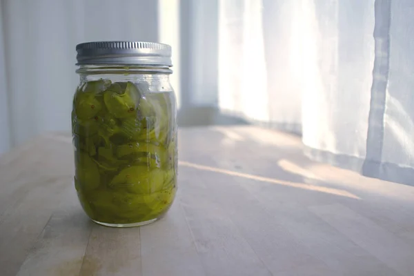 Glass Jar Filled Sliced Pickles — Stock Photo, Image