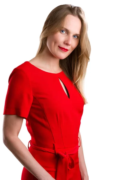 Retrato Uma Mulher Loira Cabelos Compridos Elegante Vestido Verão Vermelho — Fotografia de Stock