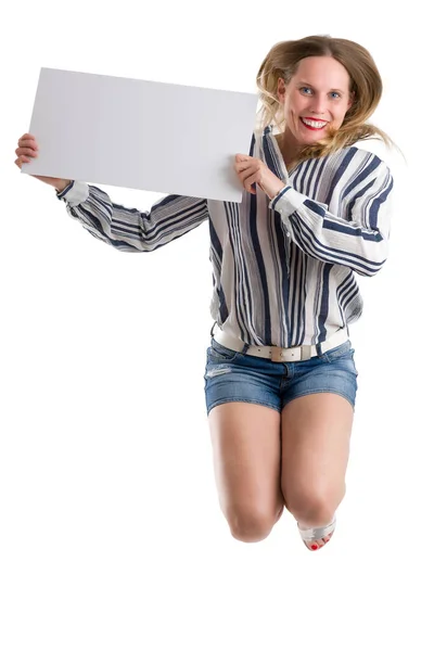 Sexy Blondynka Kobieta Puste Biały Deska Skacze Górę Odizolowany Biały — Zdjęcie stockowe