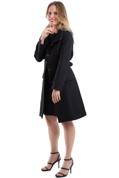 Retrato Cuerpo Completo Una Atractiva Mujer Rubia Posando Abrigo Negro —  Fotos de Stock