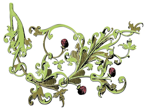 孤立した木のイチゴの装飾プリントベリー自然着色緑の花季節の水平葉ベクトル植物クレヨン夏の花図面黒復活ストロークイラストブッシュ小枝 — ストック写真