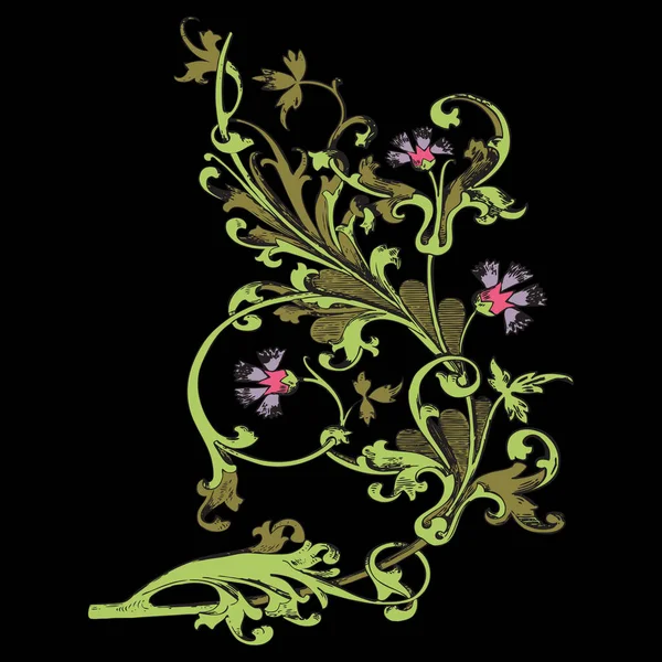 花と葉のバロックベクトルと小枝の手描きイラスト コーンフラワー カラフルな野菜の装飾黒の背景に垂直 — ストック写真