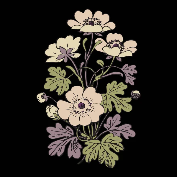 黑色背景向量上的花丛复古 手工绘制装饰花卉古色古香等高线 带有花卉和芽的特写分枝打印设计 — 图库照片