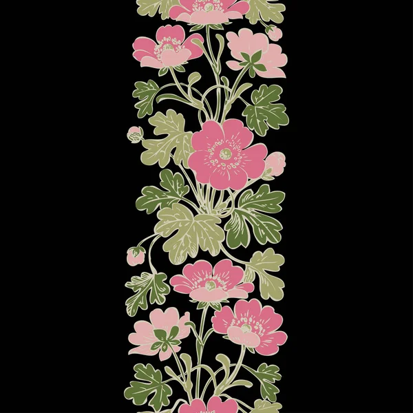 黒の背景ベクトルに花ブッシュレトロ 手描き装飾花ヴィンテージ輪郭 花と蕾プリントデザインのクローズアップ枝 — ストック写真