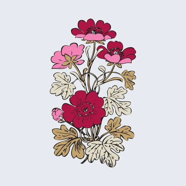 白色背景载体上的花丛复古 手绘装饰花卉复古等高线 花和芽的特写分枝印花设计 — 图库照片